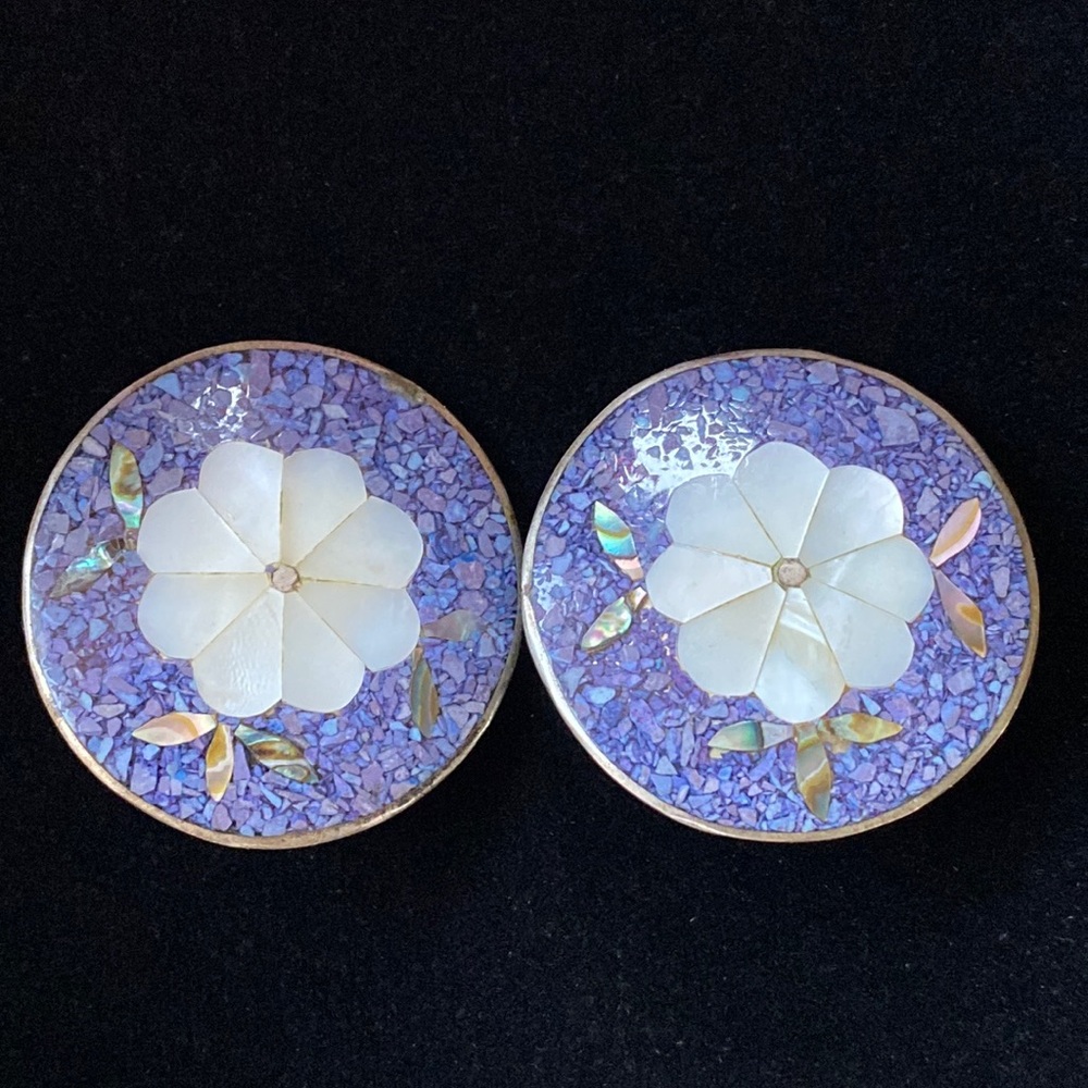 Vintage Alpaca Mexico Silver Earrings with Mother of Pearl Inlay